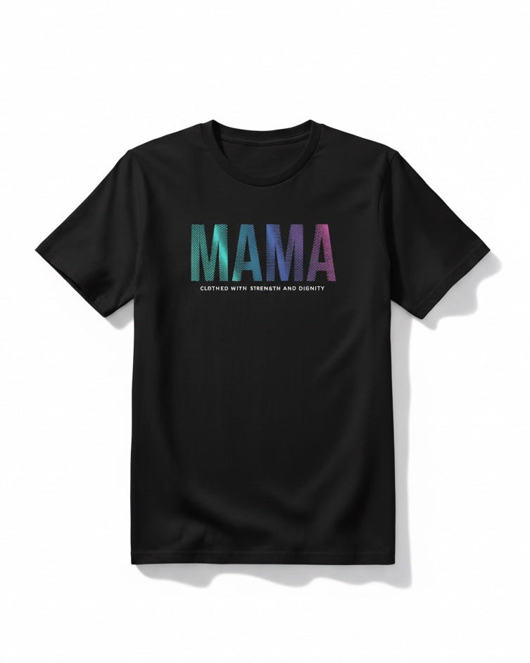 Black t-shirt with 'MAMA' text in colorful letters on a white background