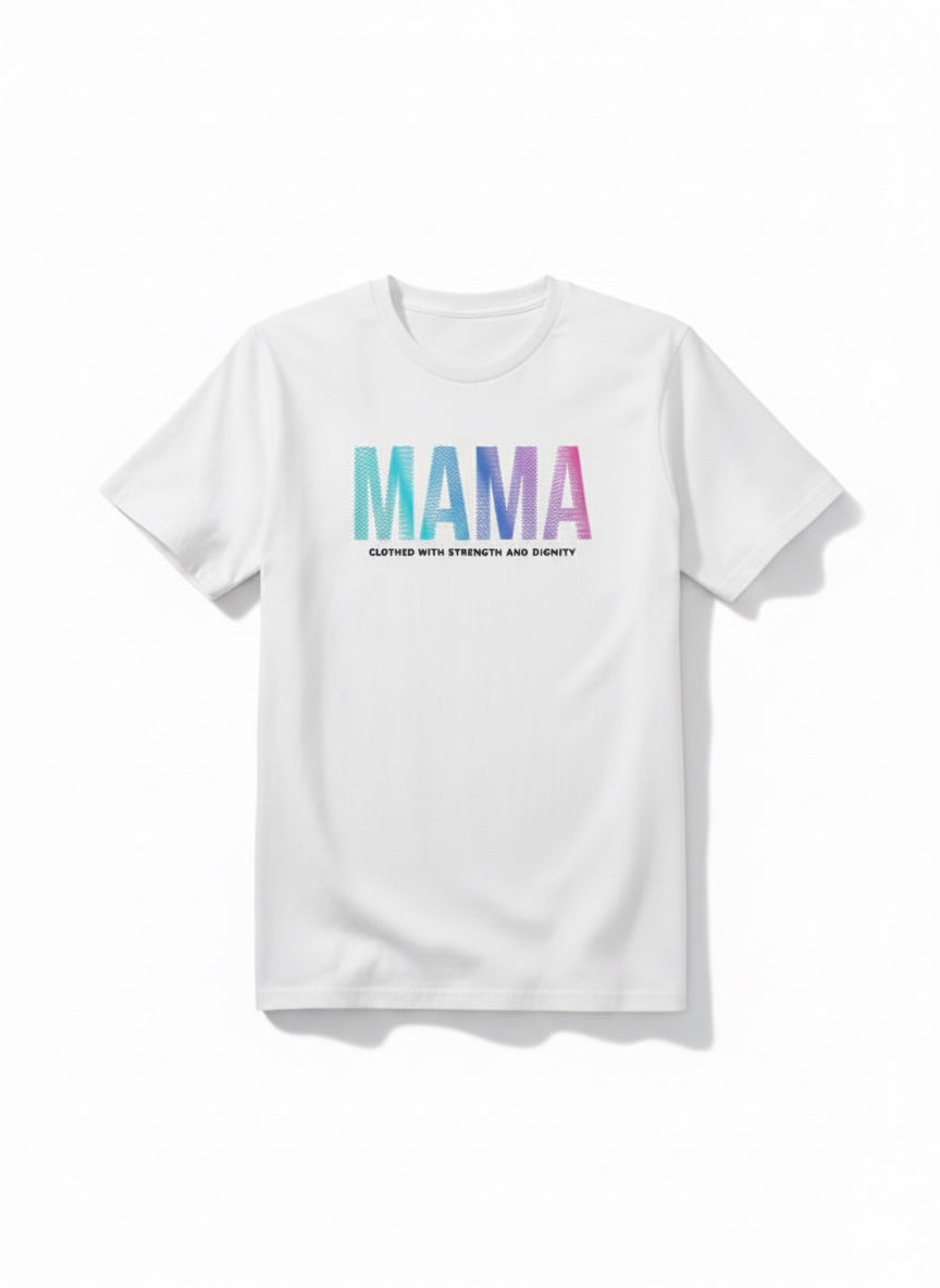 White t-shirt with 'MAMA' text in colorful letters on a white background