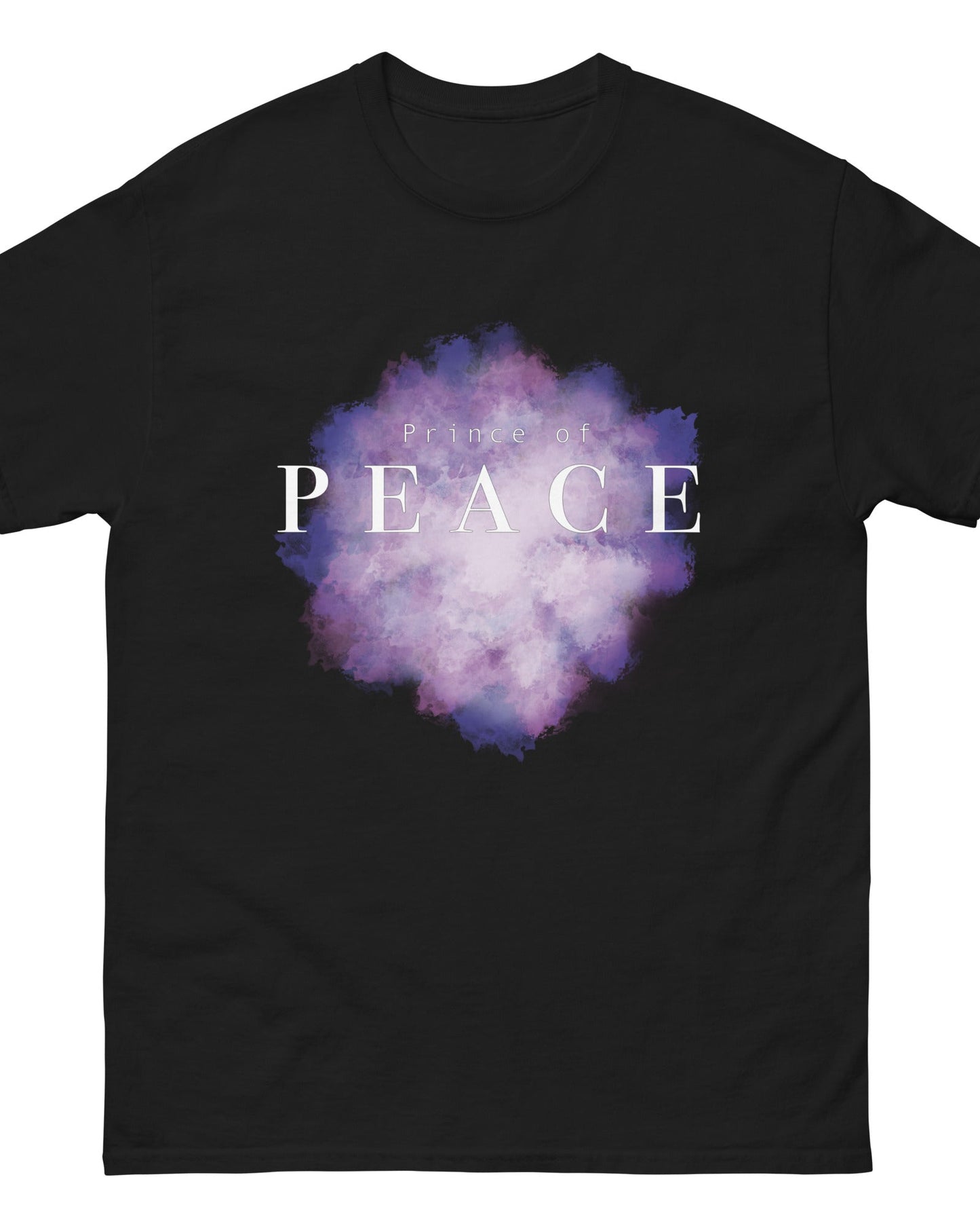 Black t-shirt with a purple cloud design and 'Prince of Peace' text on a white background