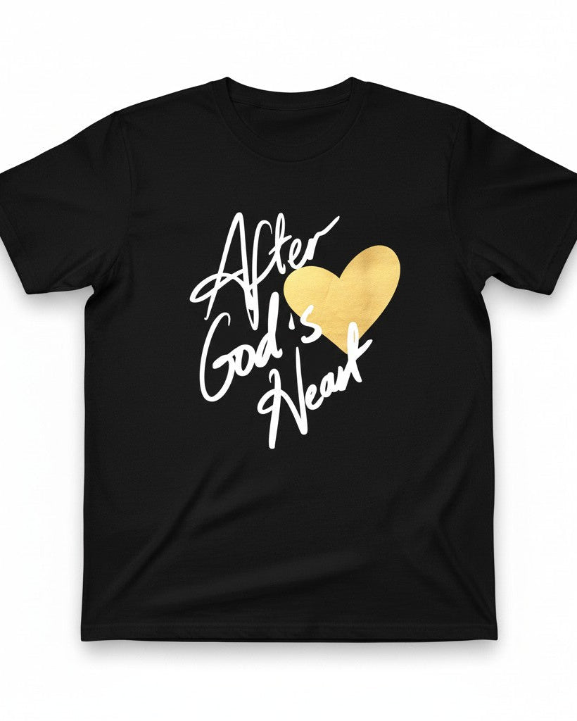 Black t-shirt with 'After God's Heart' text and gold heart design on a white background