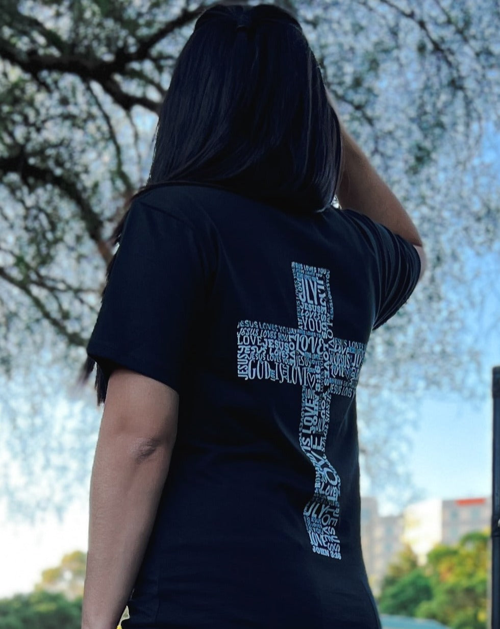 unisex loved with a cross at the back black t-shirt, Christian clothes Australia