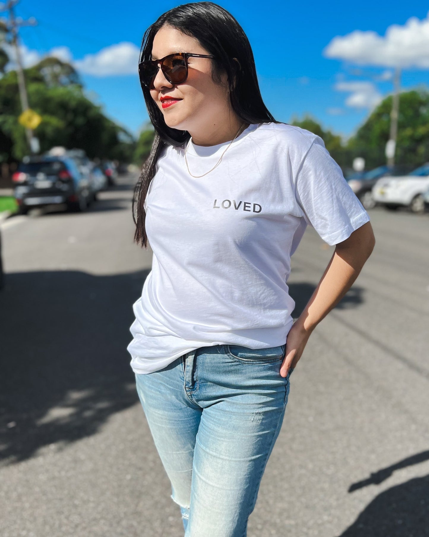 unisex loved with a cross at the back black t-shirt, Christian clothes Australia