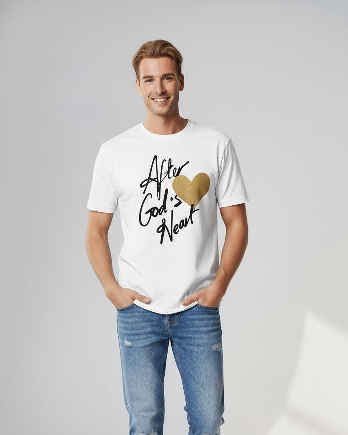 Man wearing a white t-shirt with text and blue jeans on a light gray background