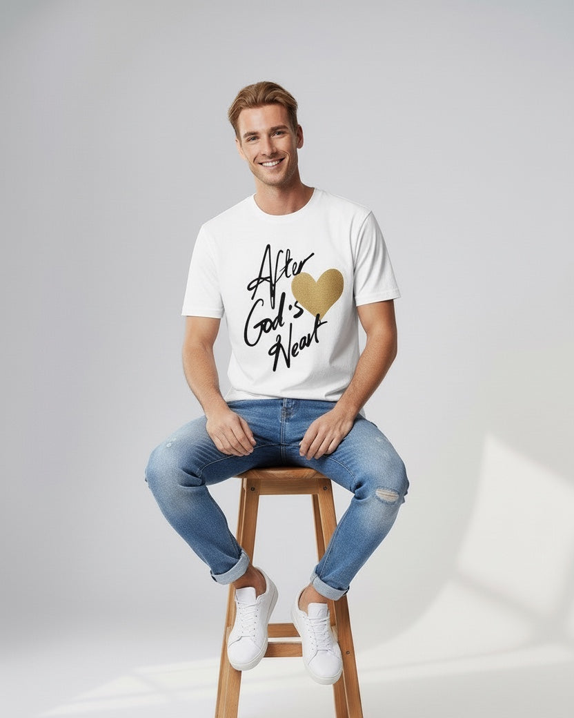 Man sitting on a stool wearing a white t-shirt with text and blue jeans on a light gray background