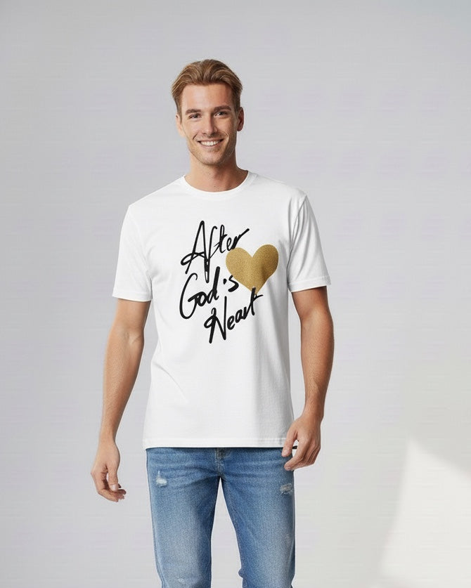 Man wearing a white t-shirt with text and graphics, blue jeans, and white sneakers on a light gray background