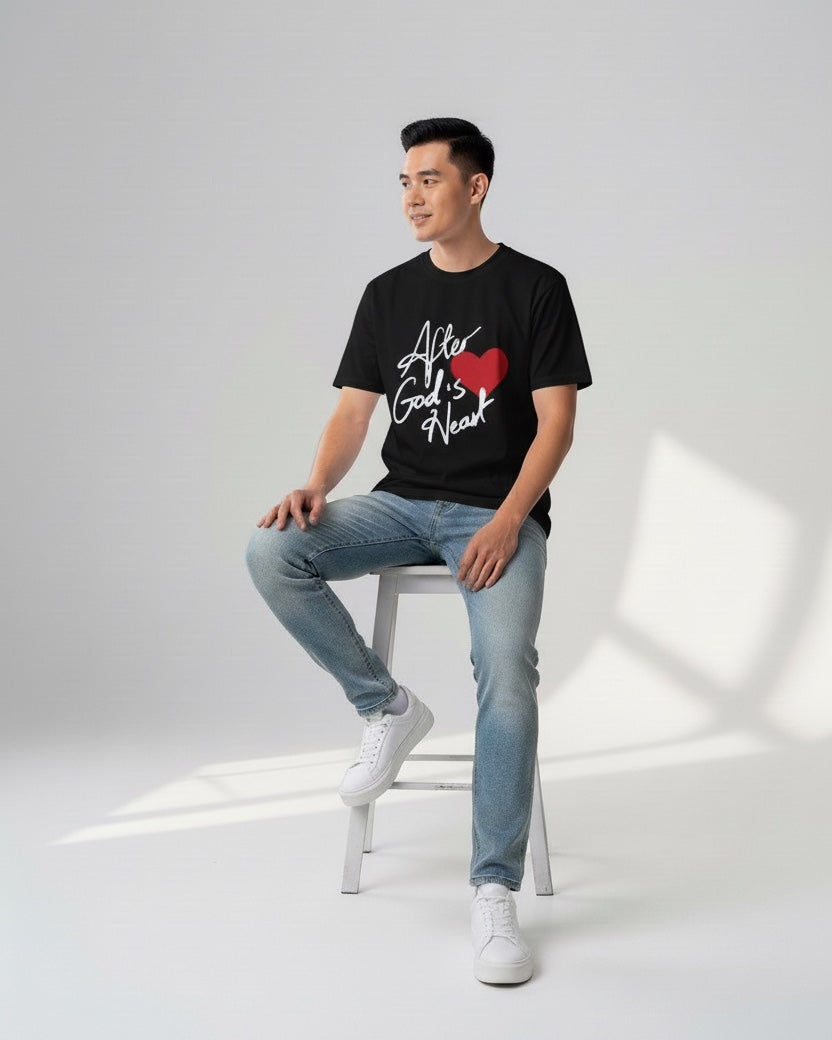 Man sitting on a stool wearing a black t-shirt with graphic design and light blue jeans on a white background
