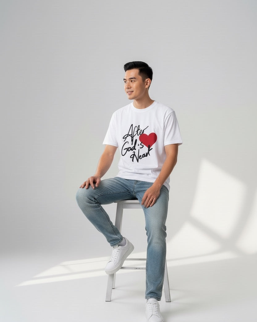 Man sitting on a stool wearing a white t-shirt with text and graphics, light blue jeans, and white sneakers on a white background.