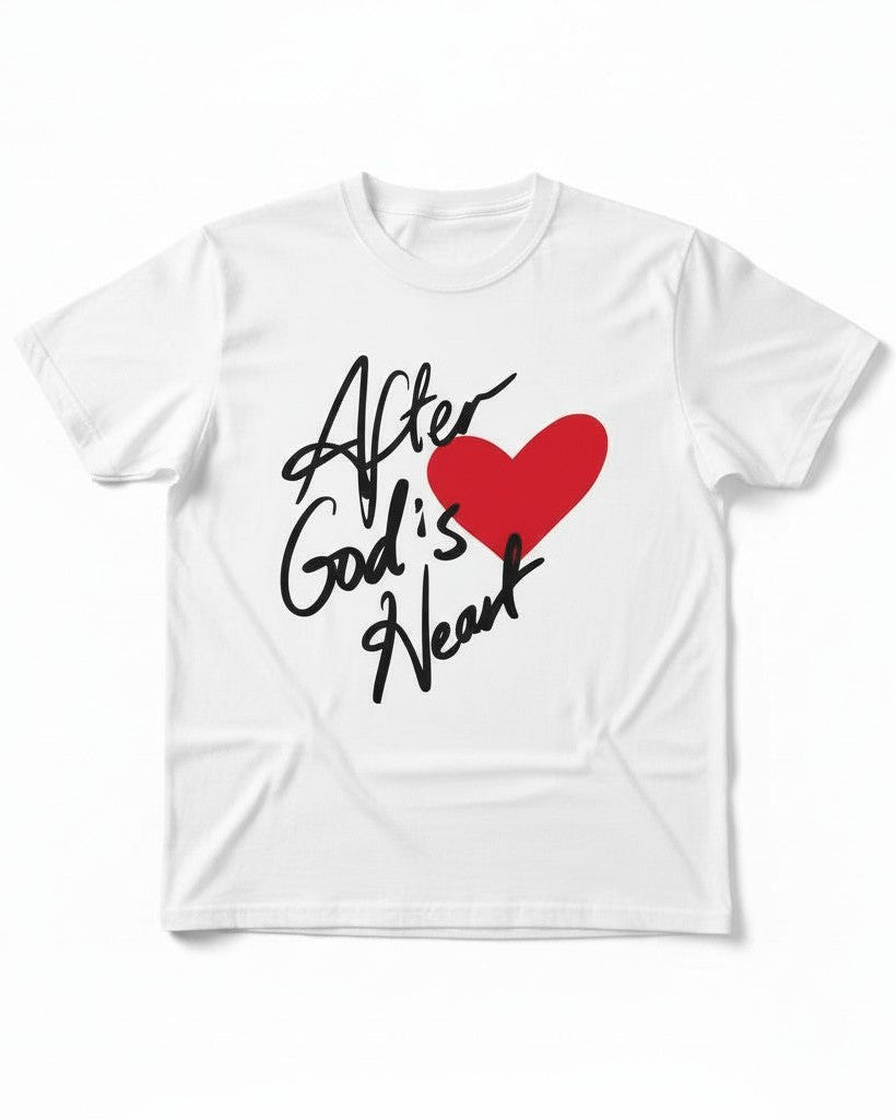 White t-shirt with 'After God's Heart' text and red heart on a white background 
