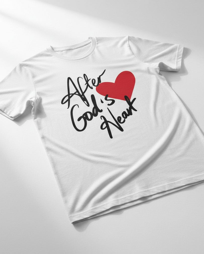 Christian White t-shirt with a red heart and black text on a light gray