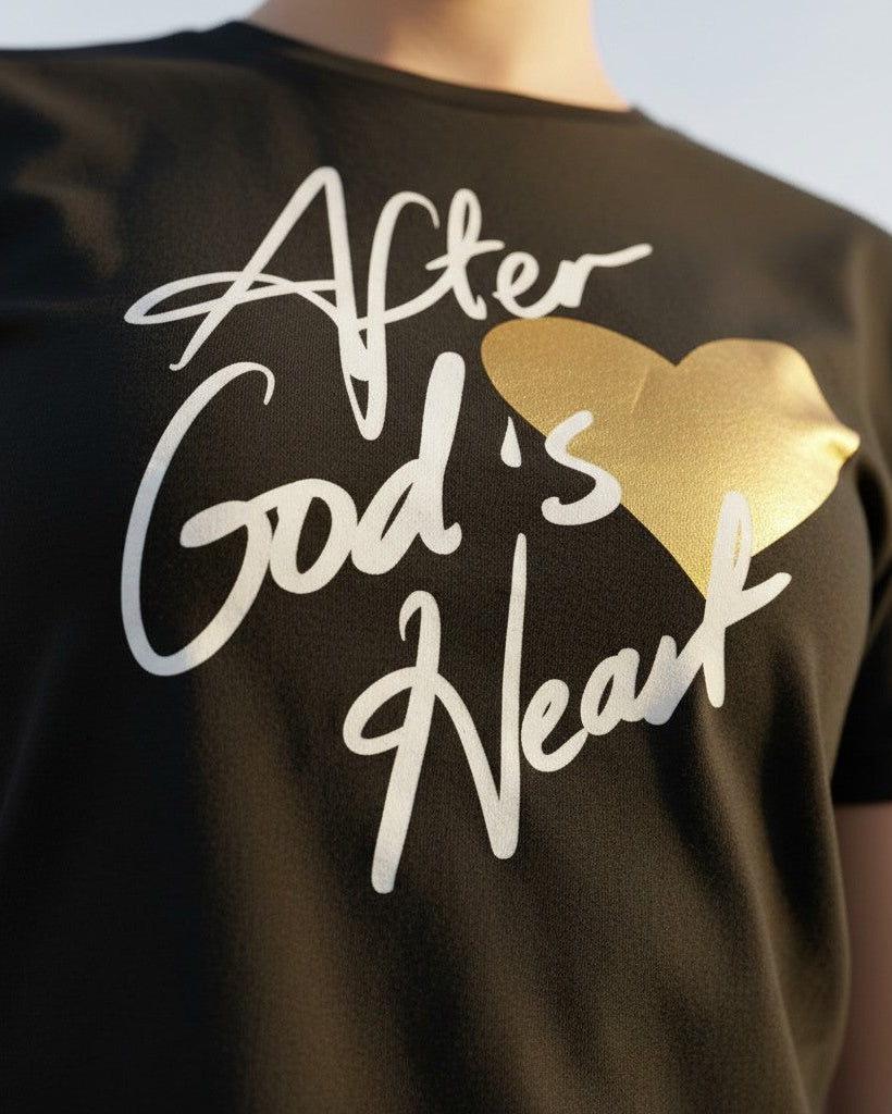 Black t-shirt with 'After God's Heart' text and gold heart design on a plain background