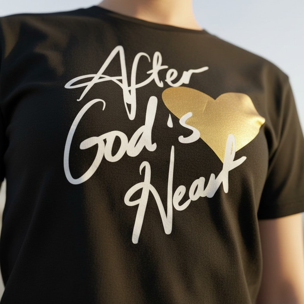 Black t-shirt with 'After God's Heart' text and gold heart design on a plain background
