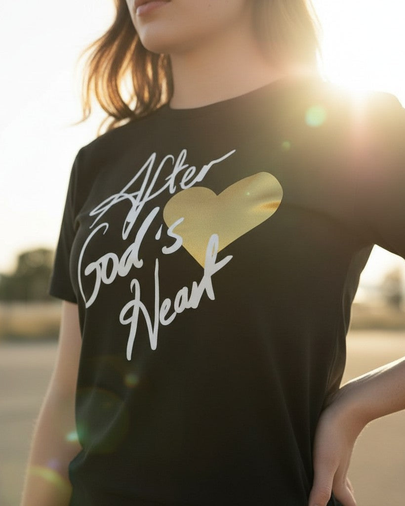 Person wearing a black t-shirt with 'After God's Heart' text and gold heart graphic.
