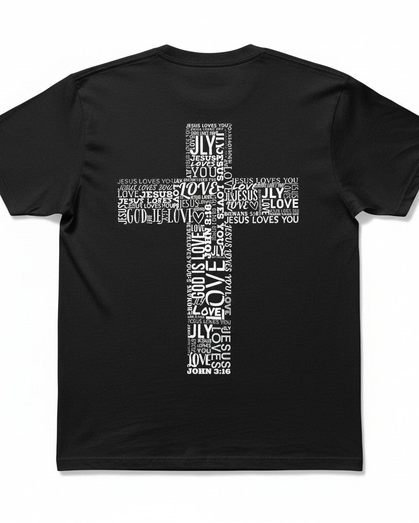 Black t-shirt with a white cross design featuring text on a white background