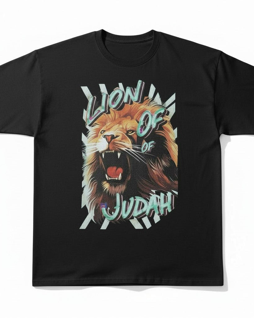 Black t-shirt with a lion graphic and 'Lion of Judah' text on a white background