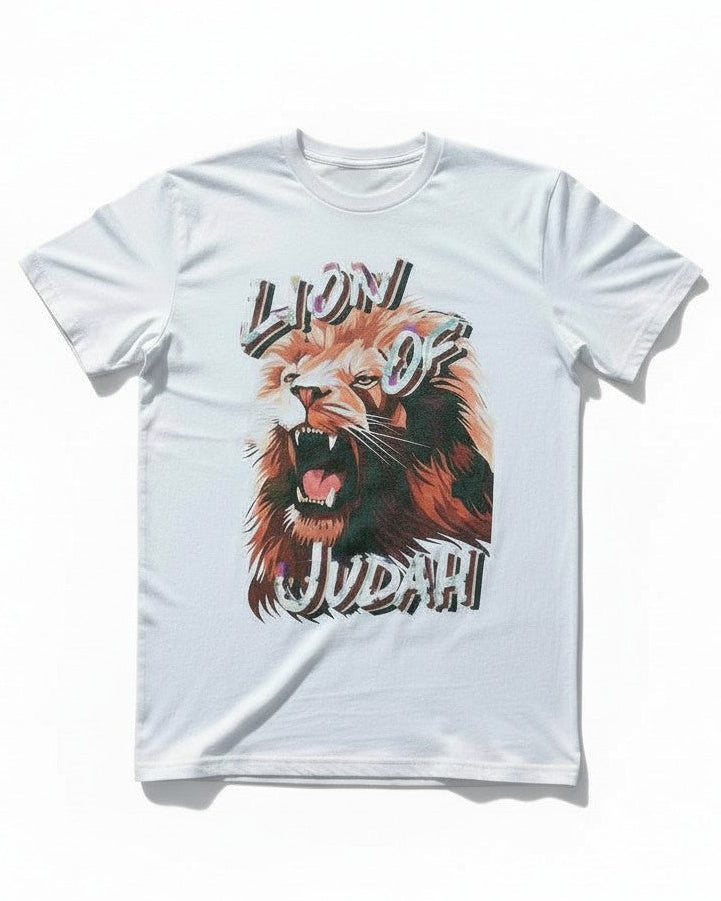 White t-shirt with a lion graphic and text on a white background