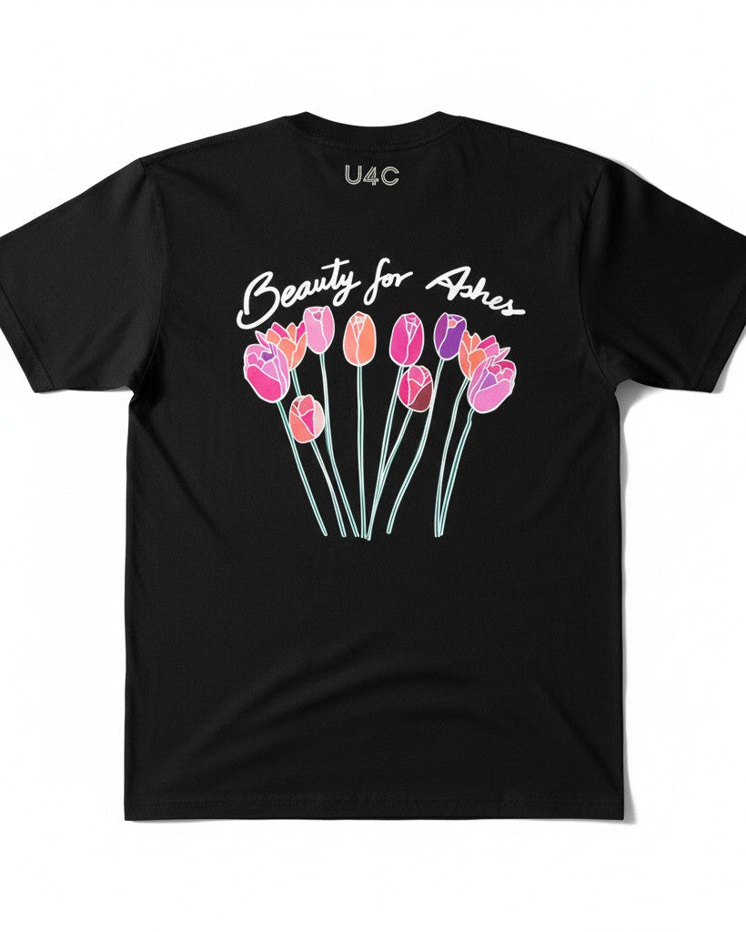 Christian Black t-shirt with colorful tulip design and 'Beauty for Ashes' text on a white background