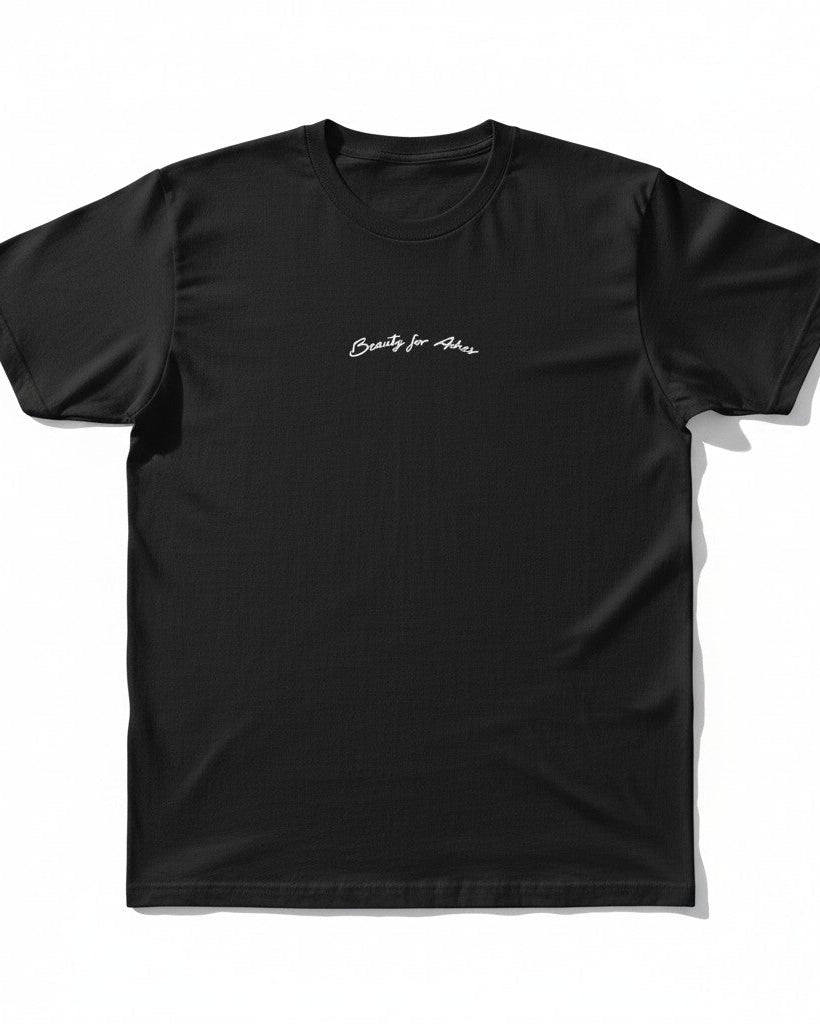 Black t-shirt with white text on a white background