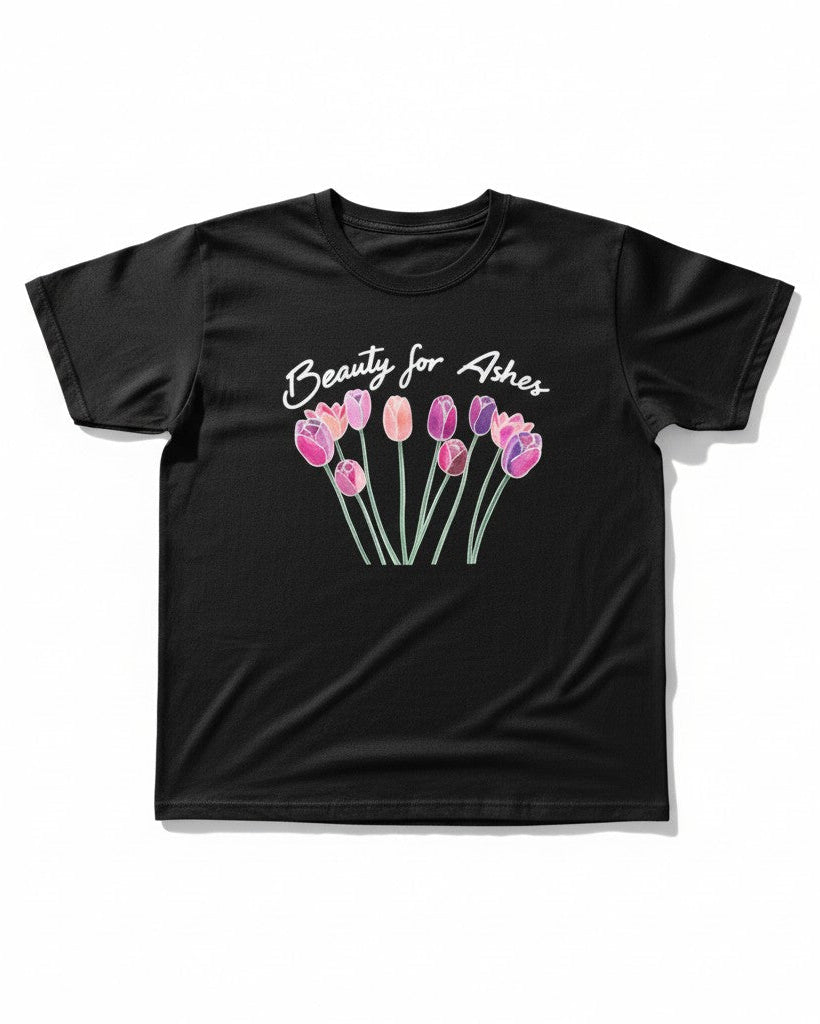 Black t-shirt with pink tulips and 'Beauty for Ashes' text on a white background