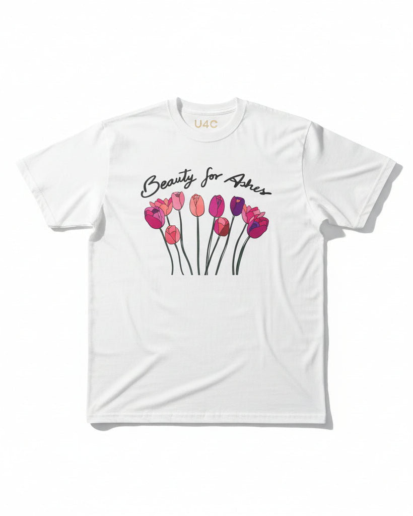 Christian White t-shirt with floral design beauty for ashes with white background