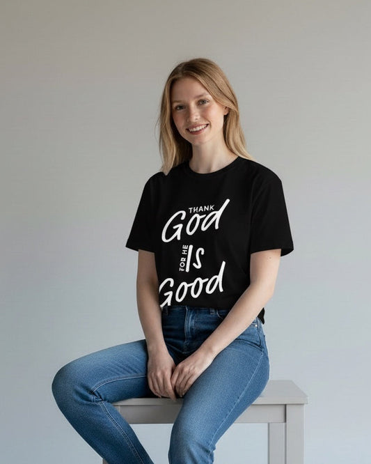 Person wearing a black t-shirt with 'God is Good' text, sitting on a stool against a plain background
