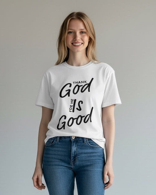Person wearing a white t-shirt with 'Good is Good' text and blue jeans on a plain background