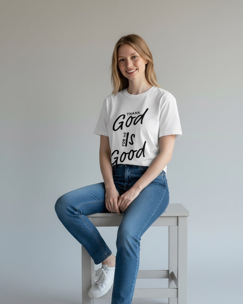 Person wearing a white t-shirt with text, sitting on a stool against a plain background