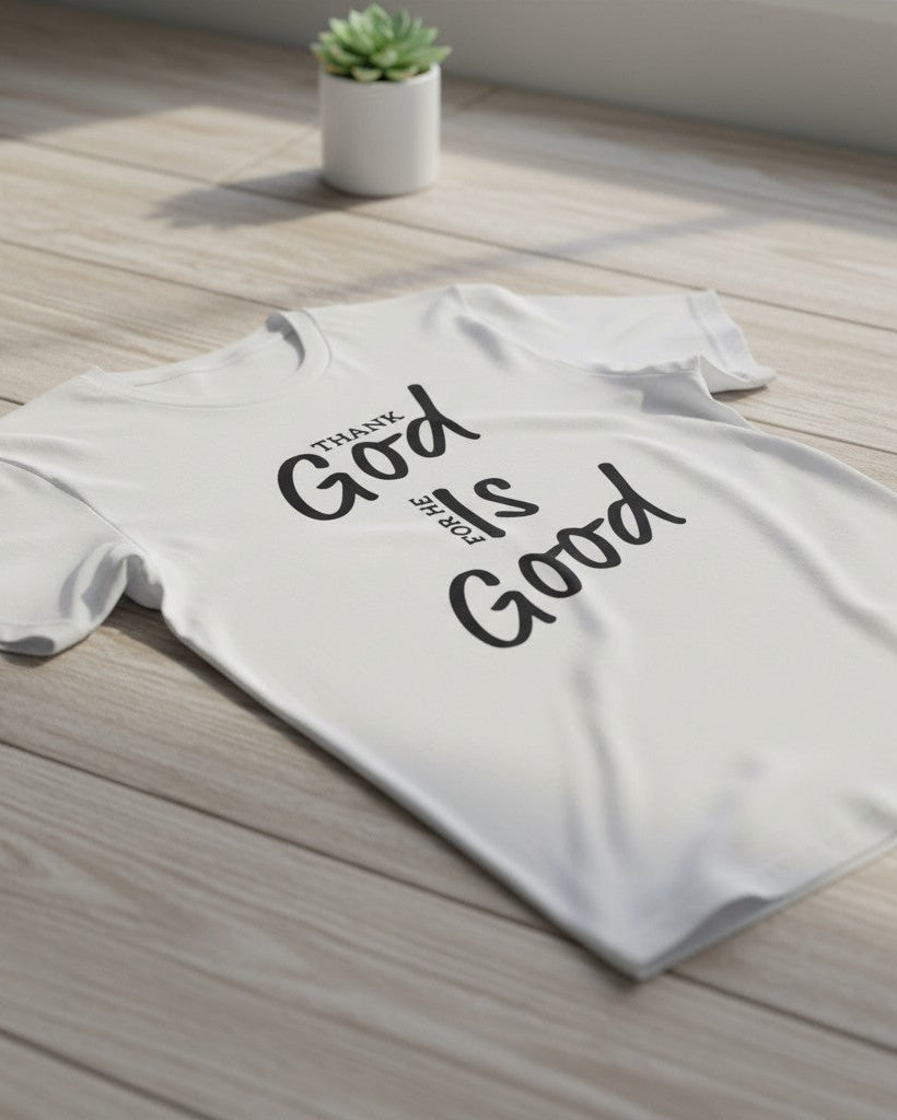 White t-shirt with 'Thank God it is Good' text on a wooden floor.