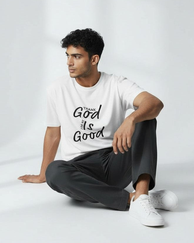 Person wearing a white t-shirt with 'God is Good' text, sitting on a white floor.