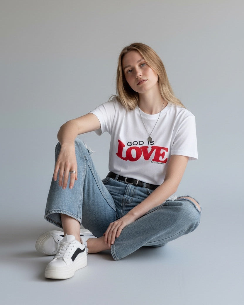 Person wearing a white t-shirt with 'God is Love' text, sitting on a light gray background