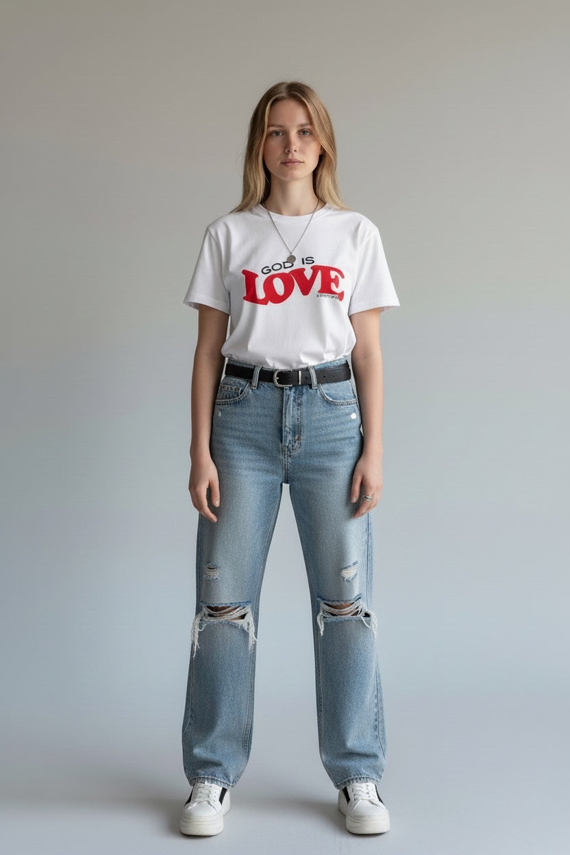 Person wearing a white t-shirt with 'God is Love' text and blue jeans on a plain background