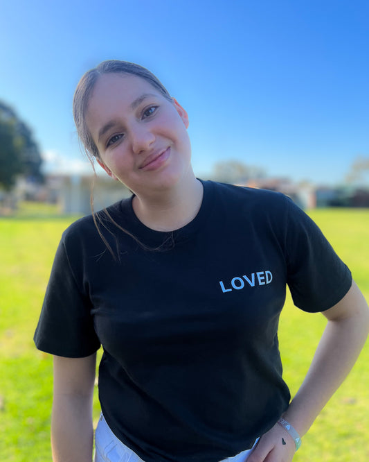 unisex loved with a cross at the back black t-shirt, Christian clothes Australia