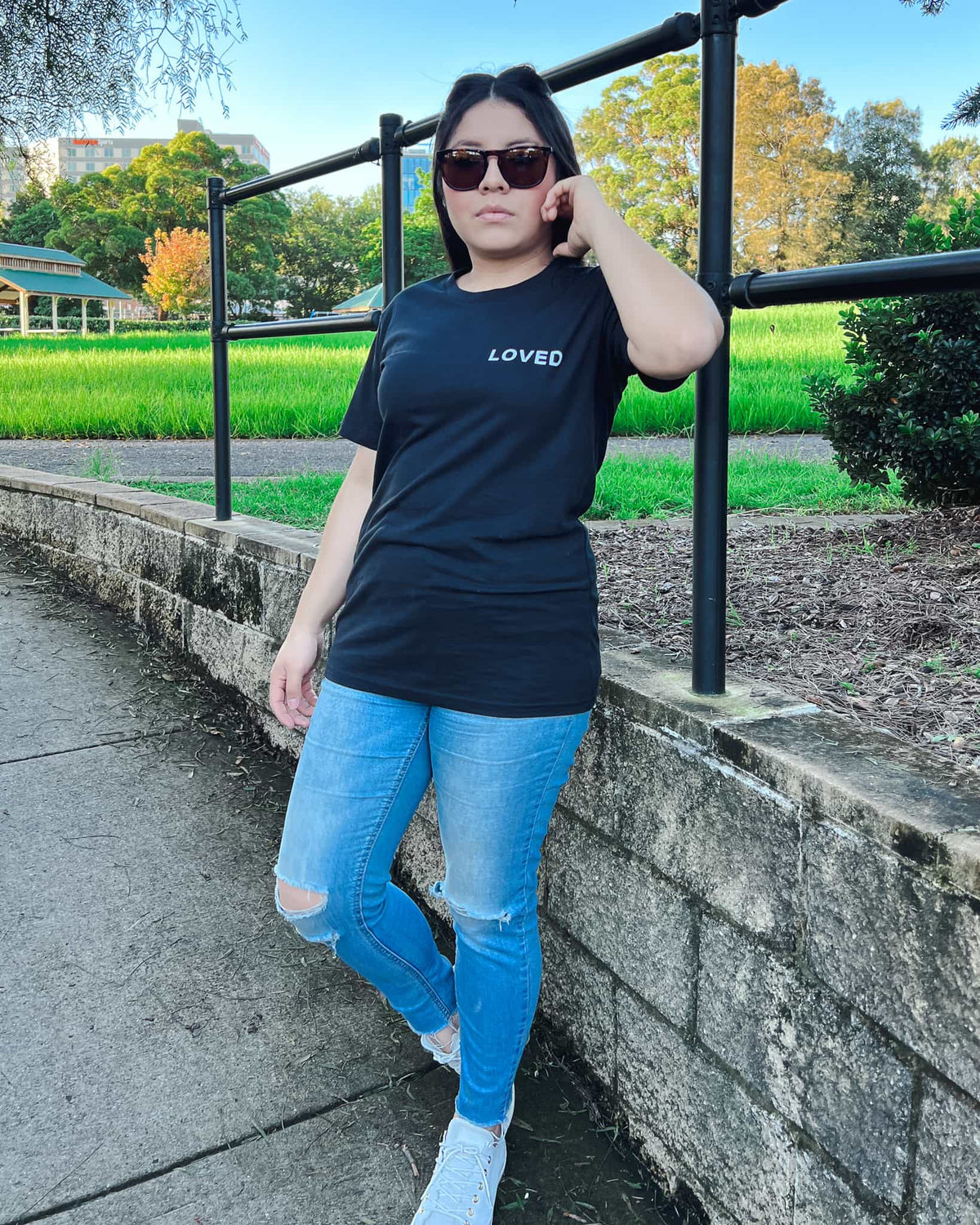 unisex loved with a cross at the back black t-shirt, Christian clothes Australia