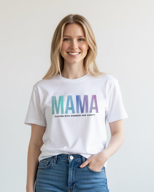 Woman wearing a white t-shirt with 'MAMA' printed on it and blue jeans against a plain background