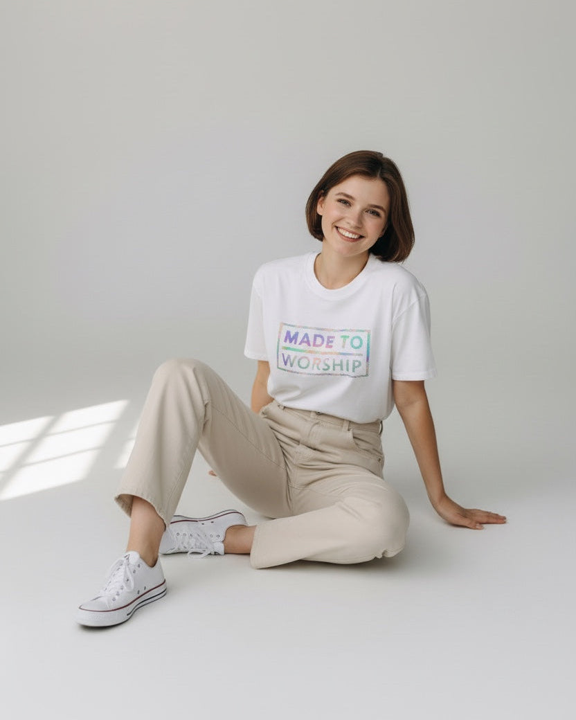 Woman sitting on the floor wearing a white t-shirt with colorful text and beige pants.