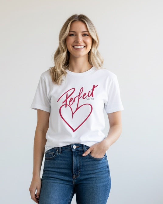 Woman wearing a white t-shirt with a red heart design and blue jeans against a plain background