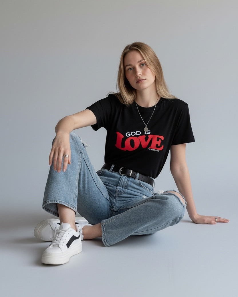Person wearing a black t-shirt with 'God is Love' text, sitting on a gray floor.