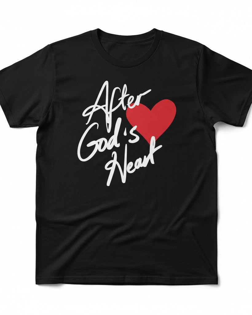 christian Black t-shirt with 'After God's Heart' text and red heart on a white background