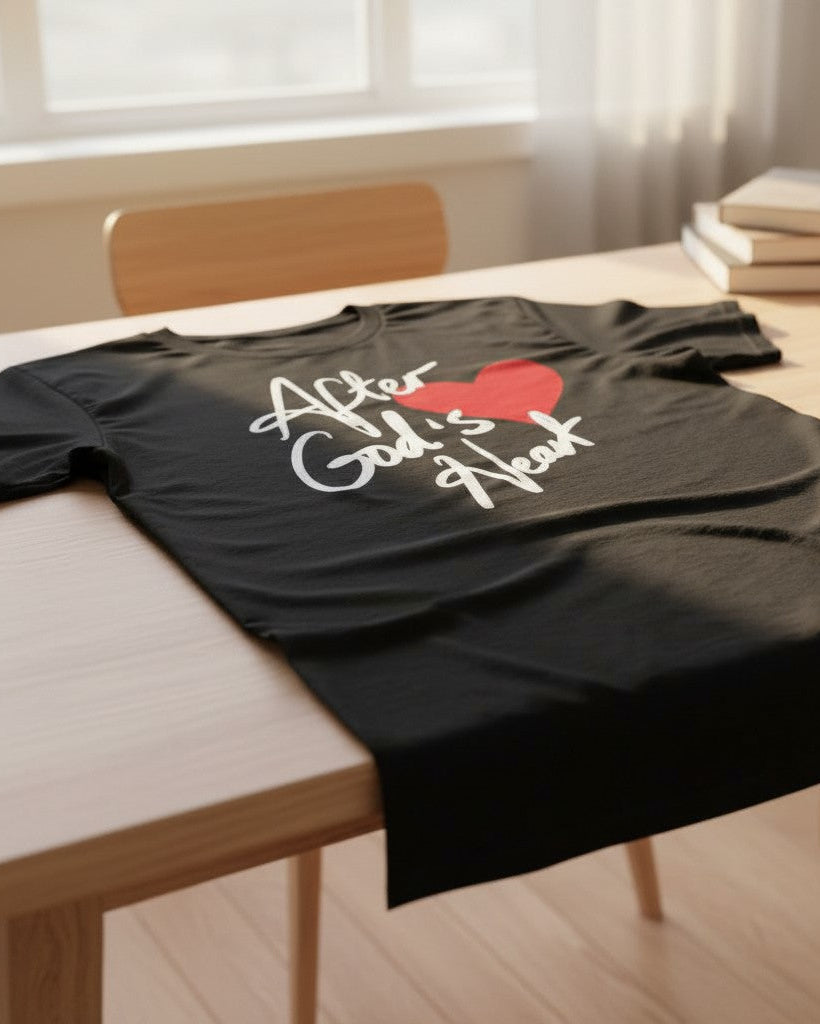 Christian Black t-shirt with 'After God's Heart' text on a wooden table.