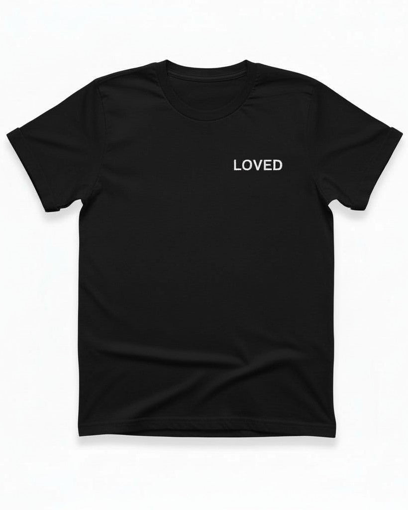 Black t-shirt with 'LOVED' text on a white background
