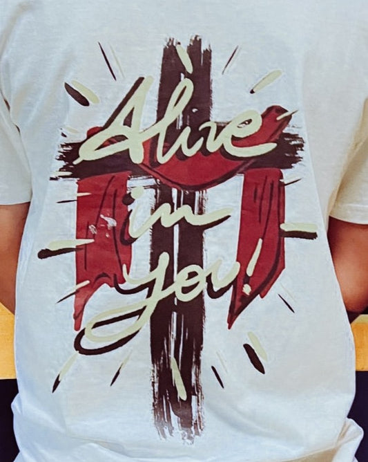 Alive in you cross of Jesus white t-shirt _christian clothing in australia