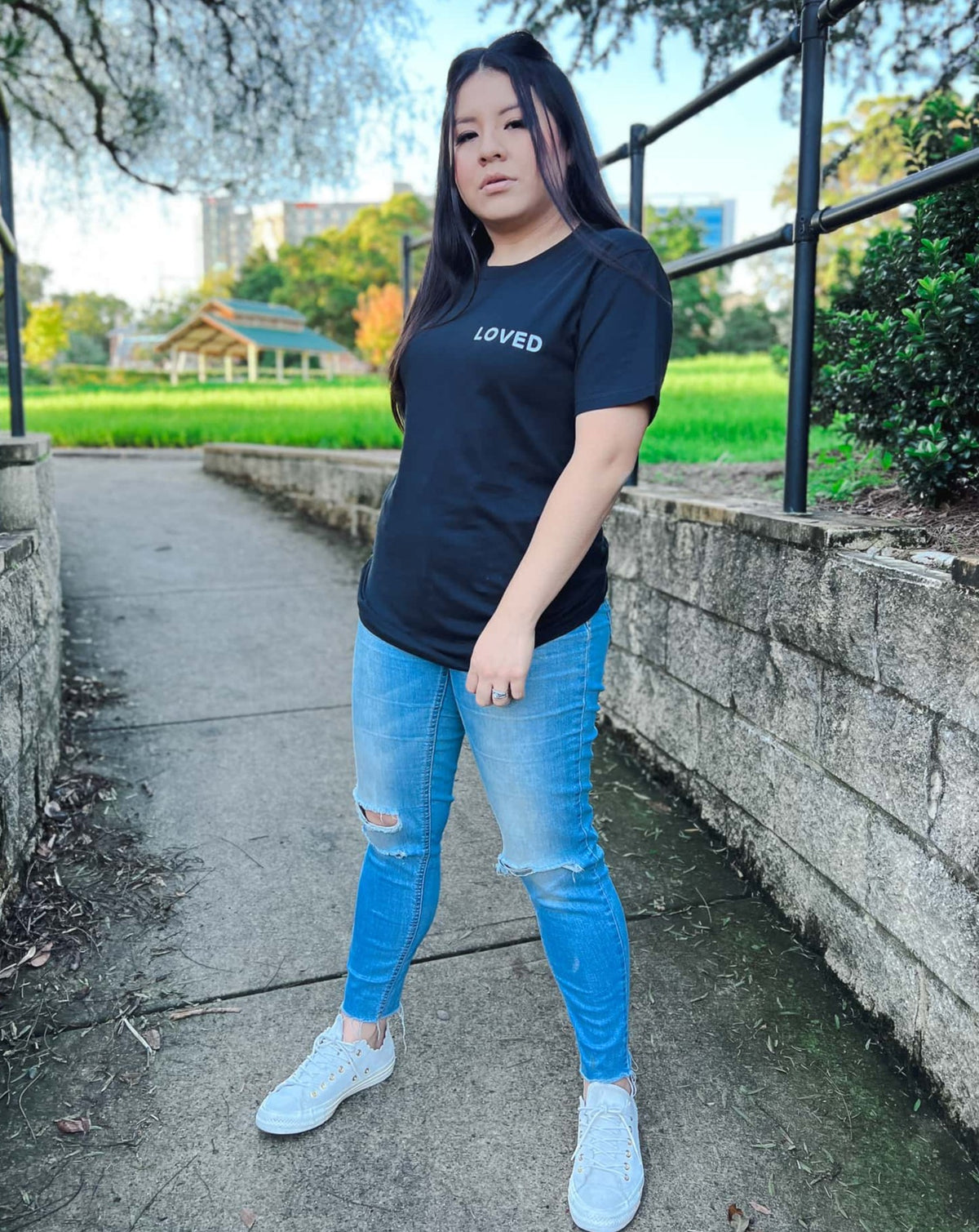 unisex loved with a cross at the back black t-shirt, Christian clothes Australia