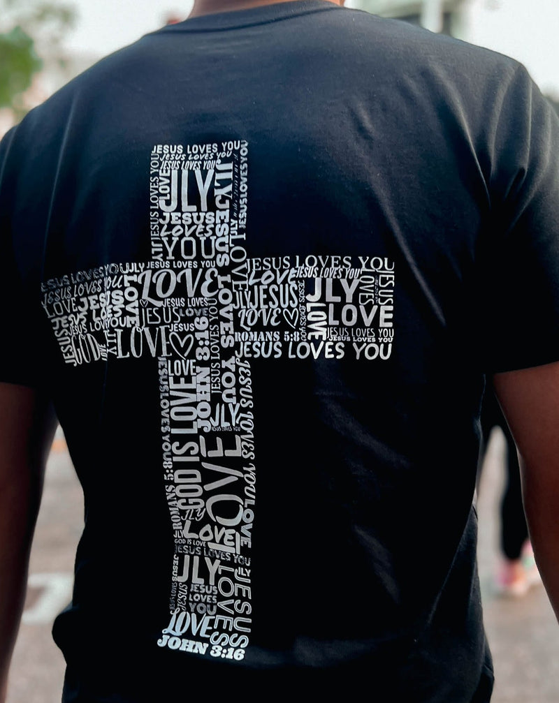 unisex loved with a cross at the back black t-shirt, Christian clothes Australia