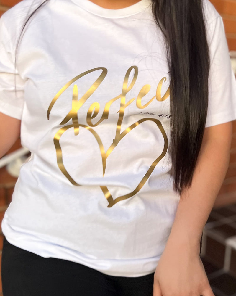 White and gold unisex christian t-shirt, Perfect Love T-Shirt, Christian clothing australia