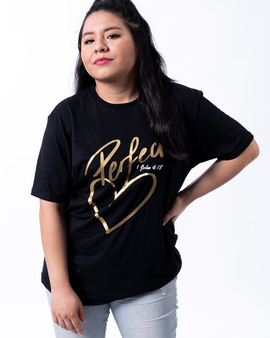 Christian unisex black t-shirt perfect love, gold, Christian clothing Australia
