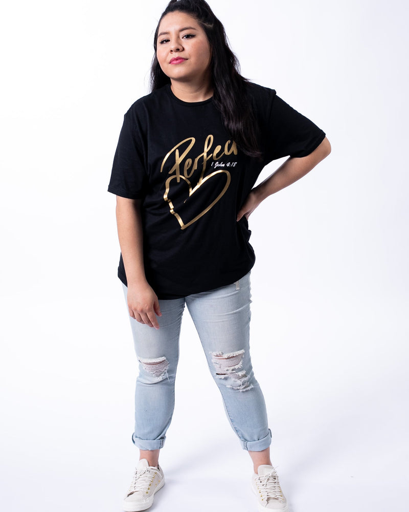 Christian unisex black t-shirt perfect love, gold, Christian clothing Australia