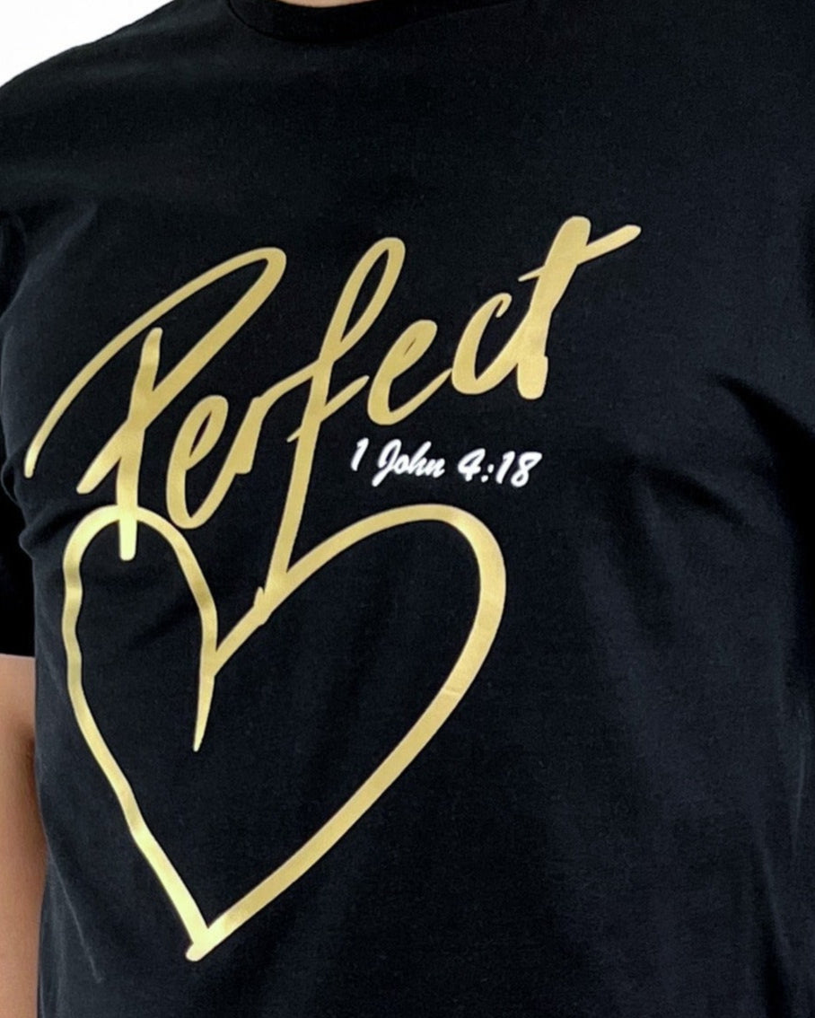 Christian unisex black t-shirt perfect love, gold, Christian clothing Australia