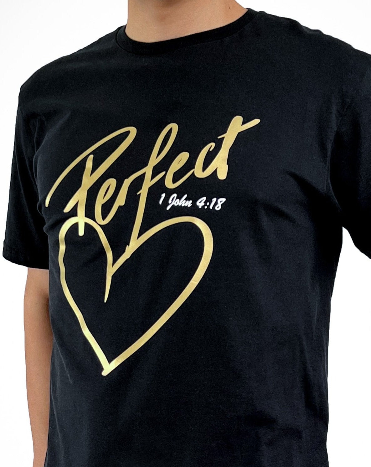 Christian unisex black t-shirt perfect love, gold, Christian clothing Australia