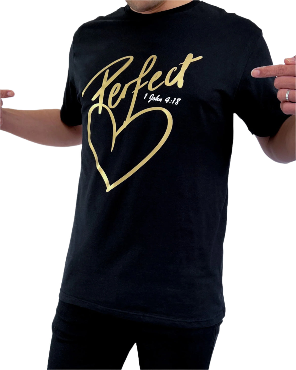 Christian unisex black t-shirt perfect love, gold, Christian clothing Australia