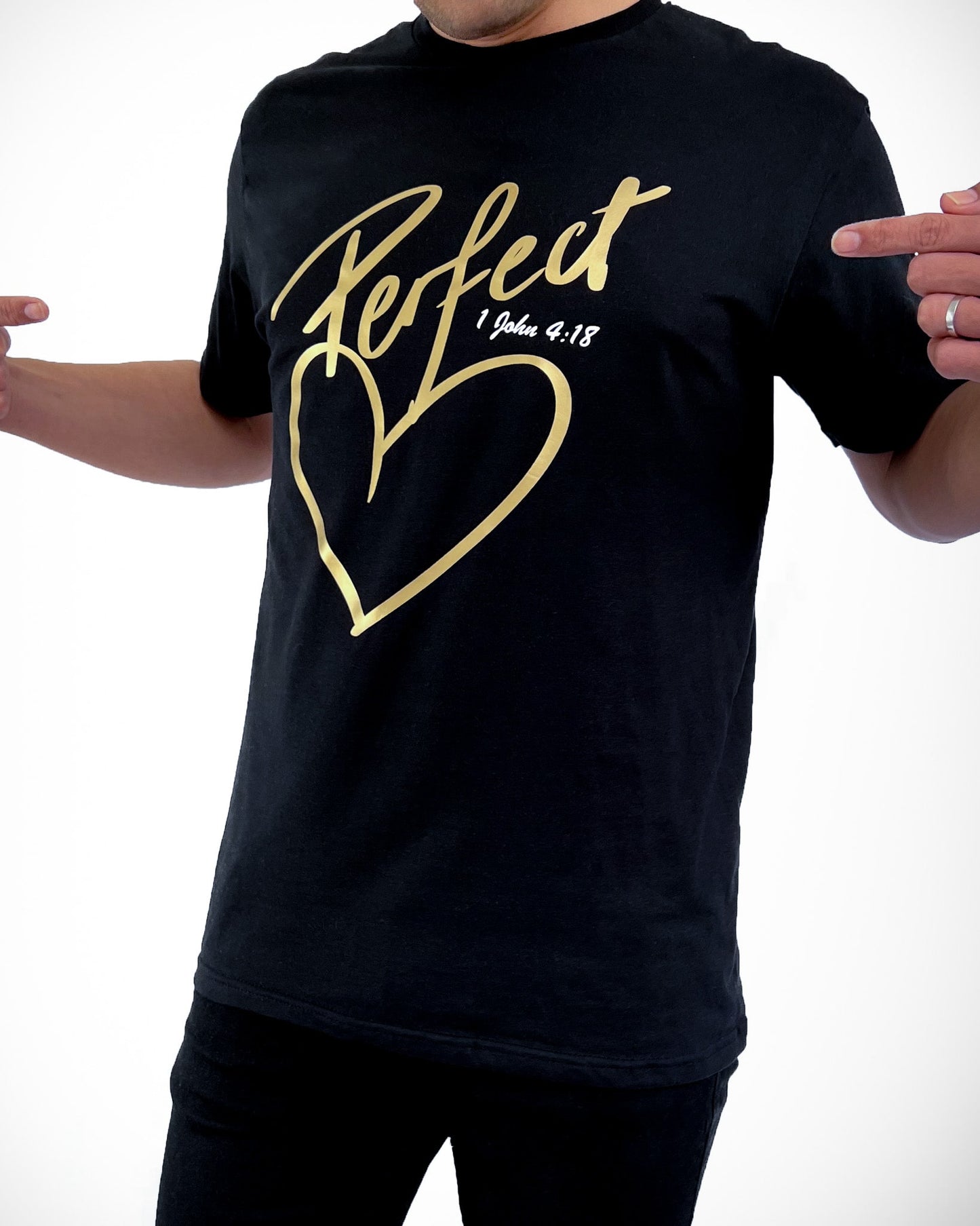 Christian unisex black t-shirt perfect love, gold, Christian clothing Australia